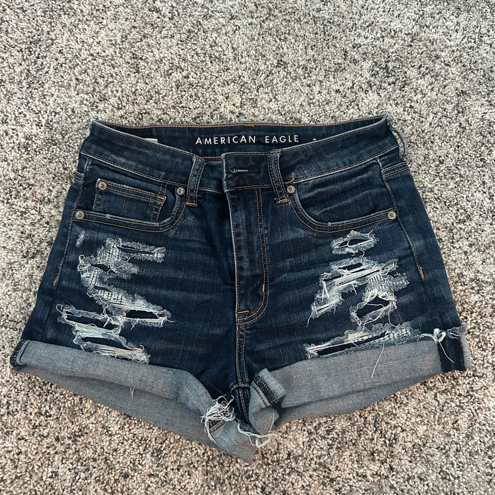 American Eagle Outfitters Women's Ripped Jean Shorts - Dark Blue